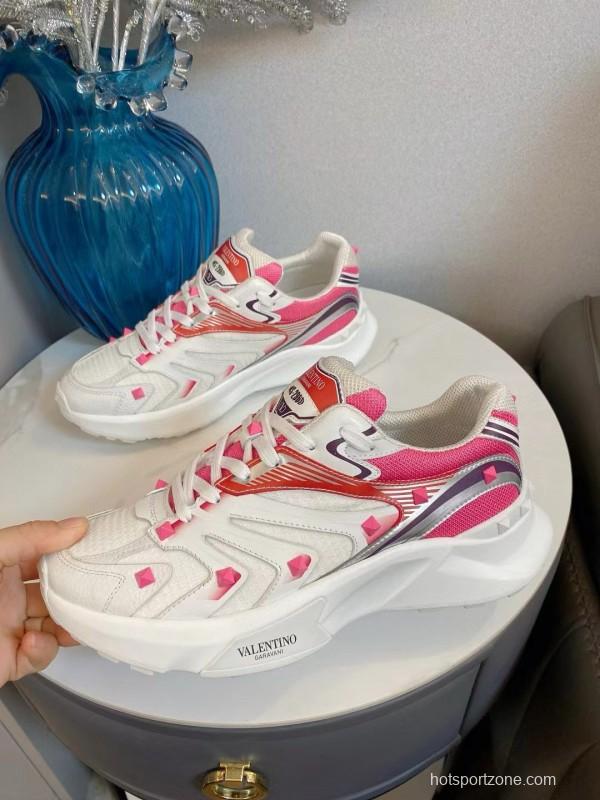 2024 Unisex Valentino White Pink Mesh Leather Sneakers MJ00410