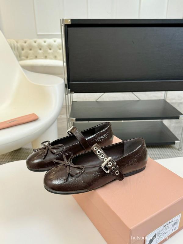 2025 Women Miu Miu Brown Leather Mary Jane Buckle KFY00300