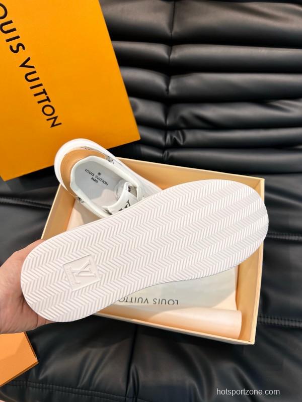 2024 Unisex Louis Vuitton White Brown Mesh Leather Sneakers MJ00400