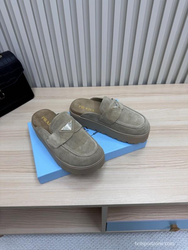 2025 Women Prada Khaki Suede Platform Loafers