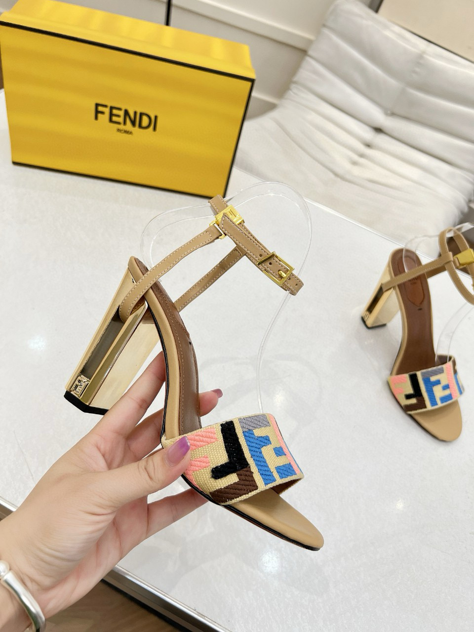 2025 Women Fendi Beige Canvas Leather High Heel Buckle MJ00280