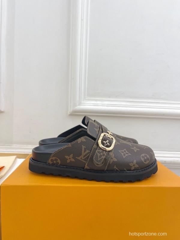 2025 Women Louis Vuitton Brown Leather Slippers Monogram KFY00300