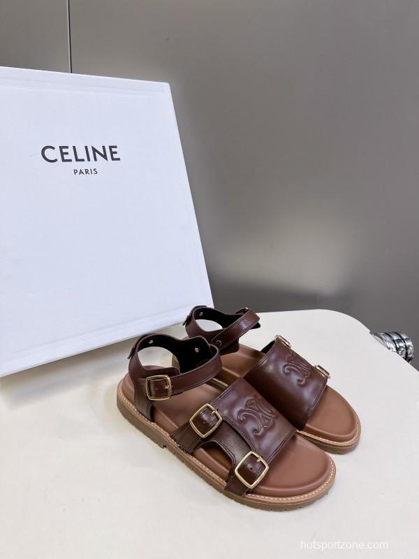 2025 Women Celine Brown Leather Sandals KFY00280