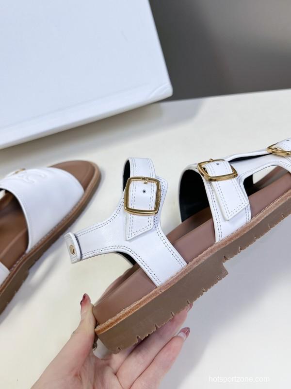 2025 Women Celine White Leather Sandals Buckle KFY00280