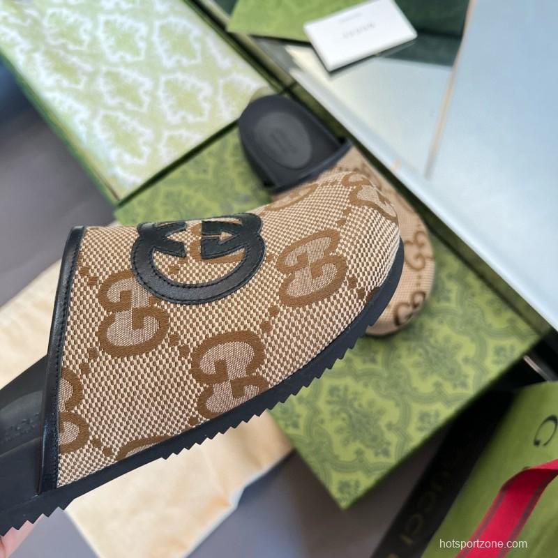 2024 Unisex Gucci Beige Brown Leather Slippers GG Pattern MJ00280