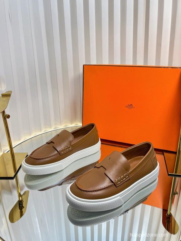 2025 Unisex Hermès Brown Leather Fabric Loafers Slip-On LY00310(F)/LY00320(M)