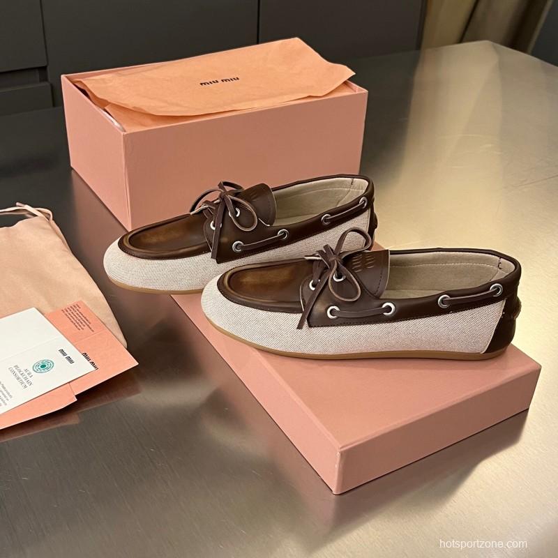 2025 Women Miu Miu Brown Beige Leather Canvas Loafers LY00230