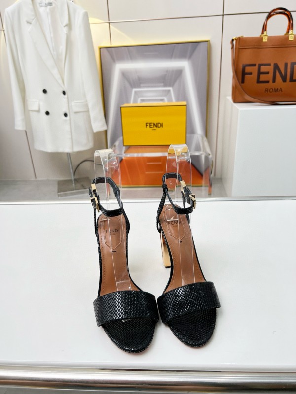 2025 Women Fendi Black Leather High Heel Sandals MJ00251