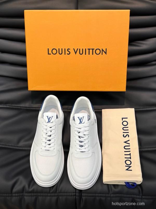 2024 Men Louis Vuitton White Blue Mesh Leather Sneakers MJ00400