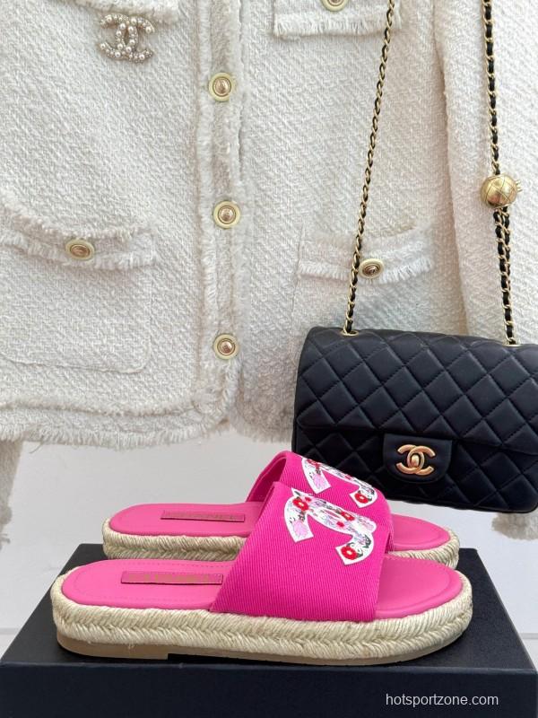 2025 Slippers Chanel Pink Canvas Espadrille Double C KFY00230