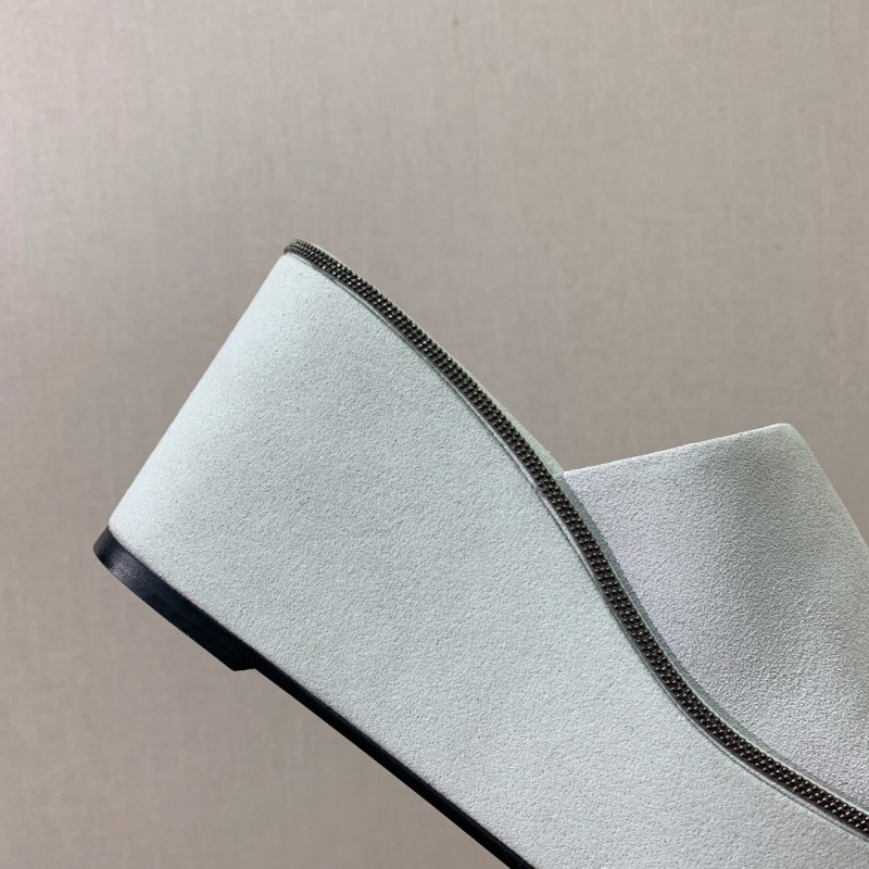 2025 Women BRUNELLO CUCINELLI White Suede Platform Slide Sandals Casual Craftsmanship LY00360(F)