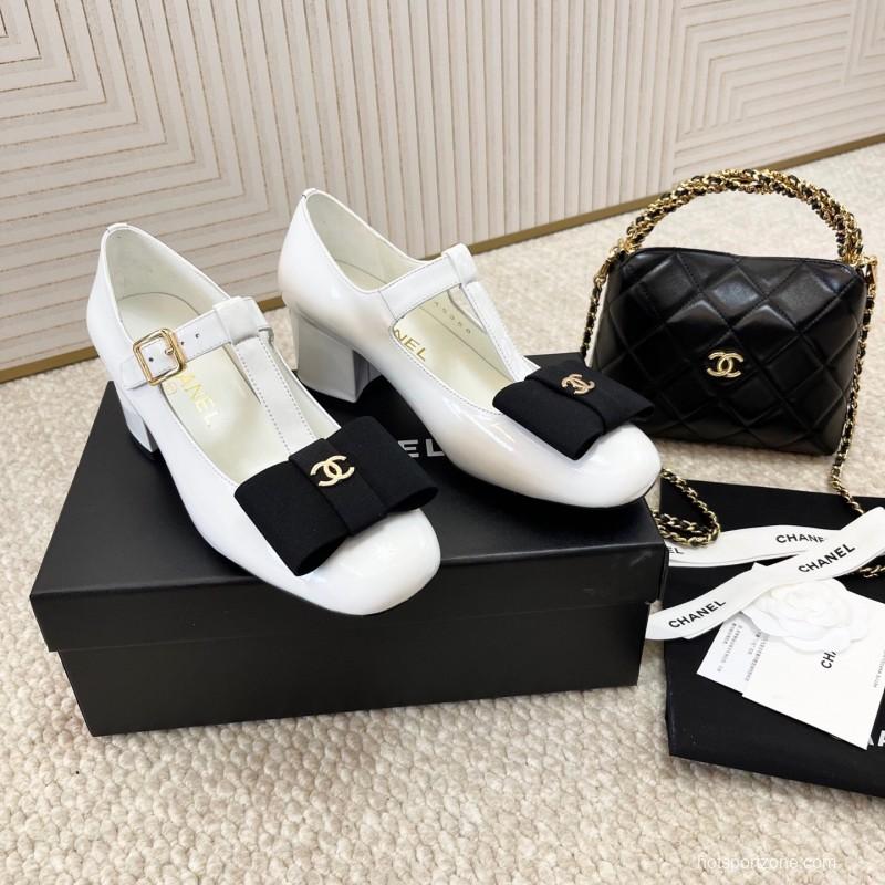 2025 Women Chanel White Black Leather Mary Jane Bow KFY00310