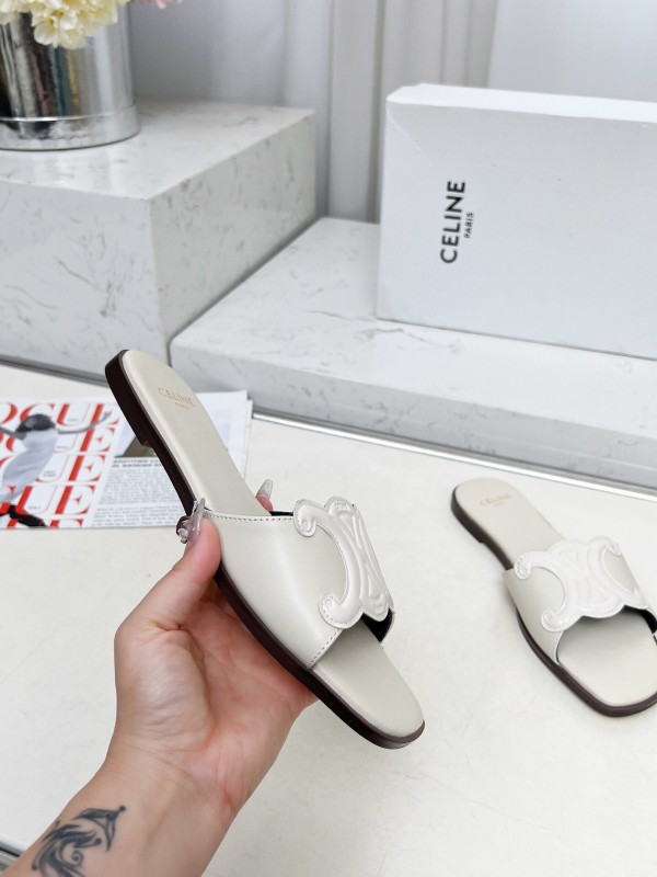 2025 Women Celine White Leather Slippers