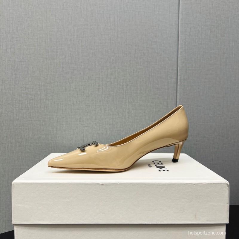 2025 Women Celine Beige Patent Leather Pointed Toe Heel Metal Ornament KFY00290