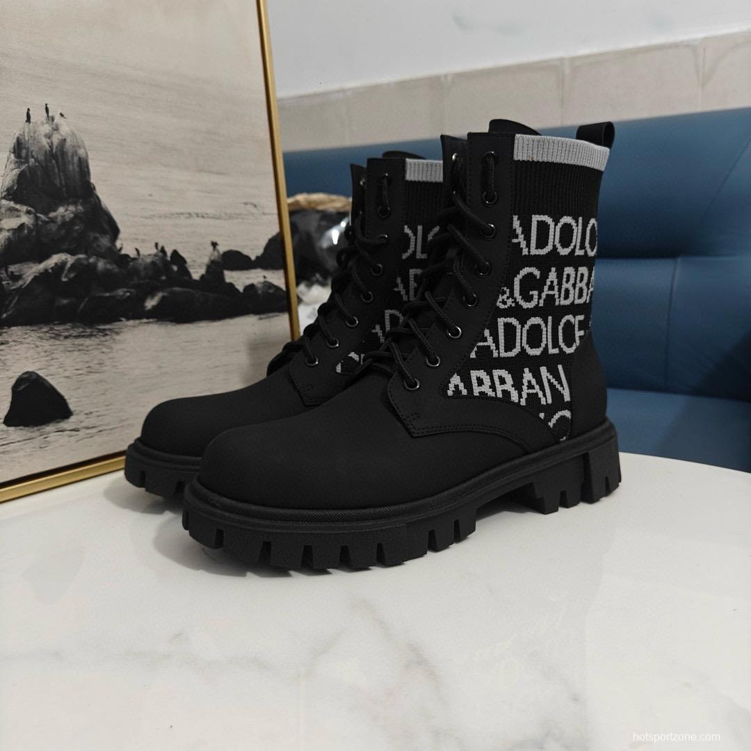 2024 Unisex Dolce & Gabbana Black Knit Leather Combat Boots MJ00390