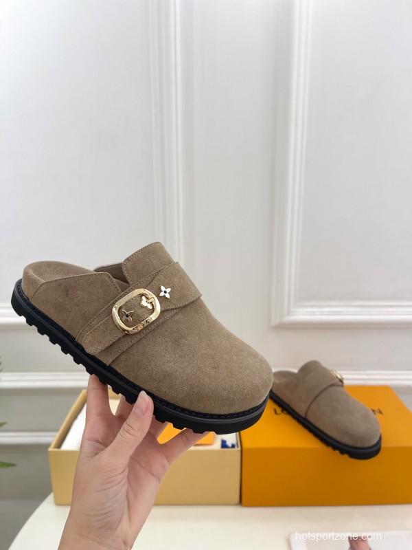2025 Women Louis Vuitton Brown Suede Slippers Flower Buckle KFY00300