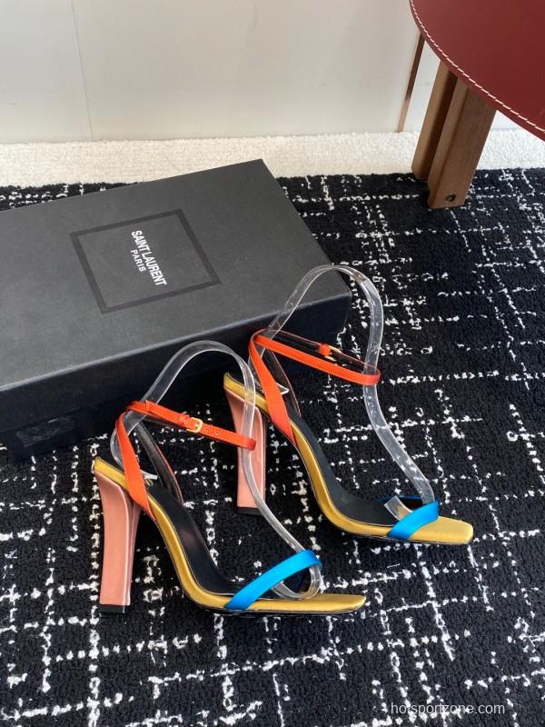2025 Women Yves Saint Laurent Orange Black Blue Leather High Heel Sandals
