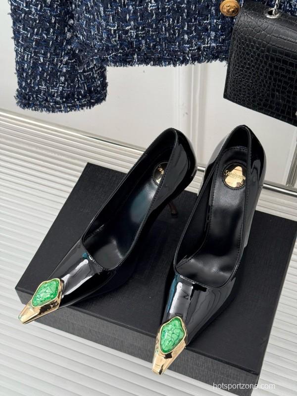 2024 Women Yves Saint Laurent Black Gold Patent Leather High Heels MJ00330