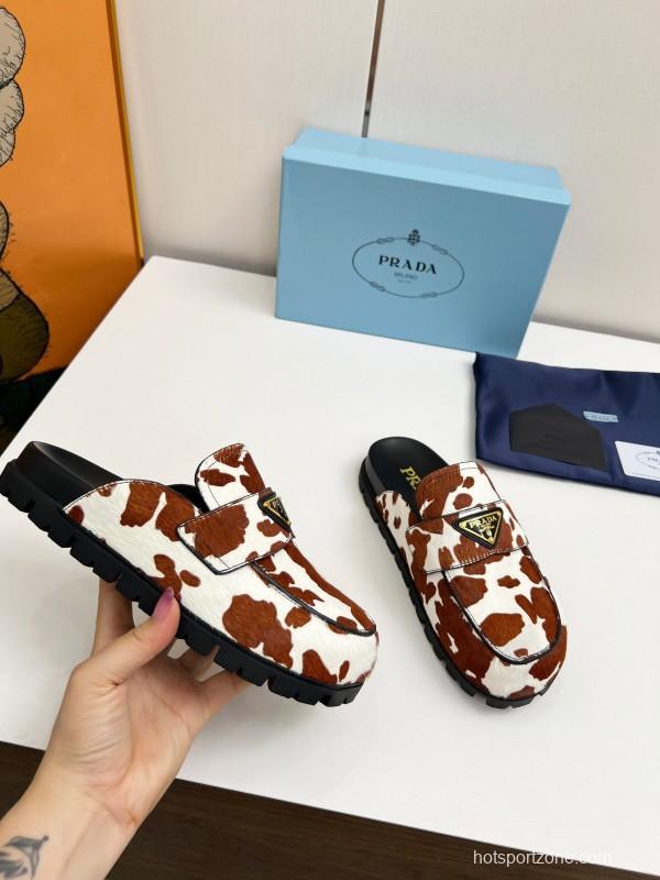 2025 Women Prada Brown White Cowhair Leather Slippers LY00270
