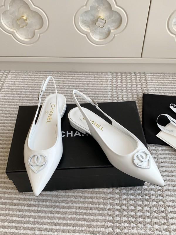 2025 Women Chanel White Leather Slingback Pointed Toe Heart Double C KFY00300