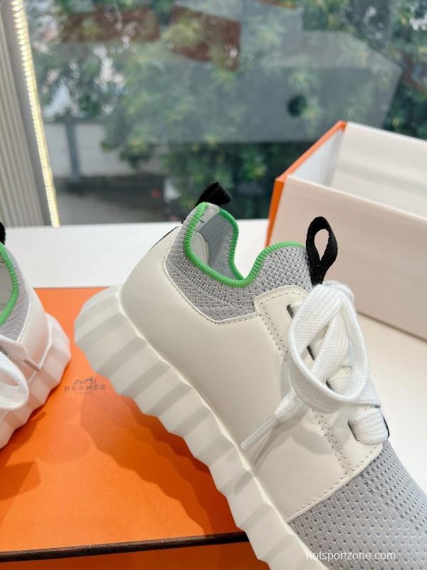 2024 Unisex Hermès White Green Calfskin Suede Sneakers MJ00290