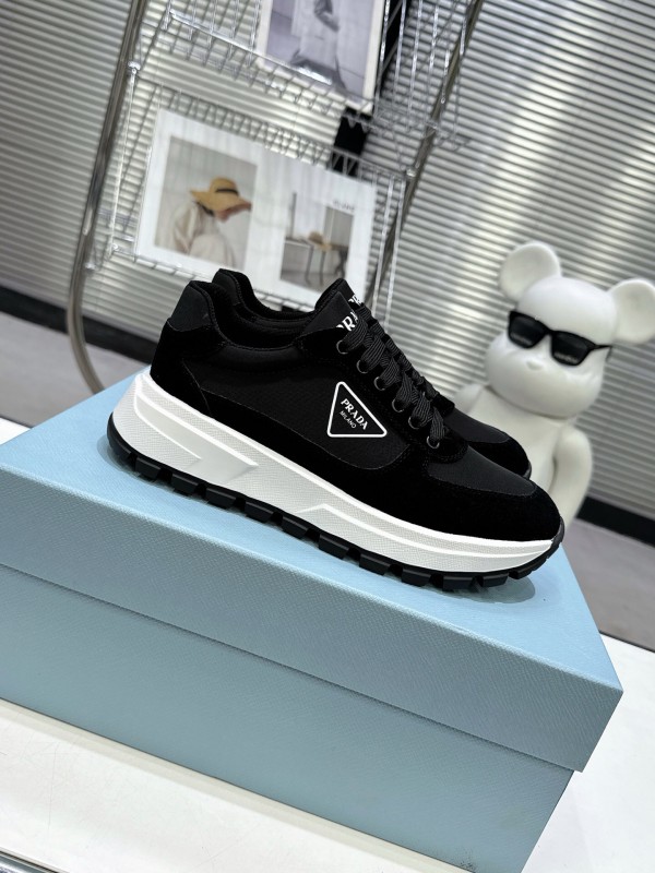 2025 Women Prada Black Leather Mesh Sneakers KFY00310