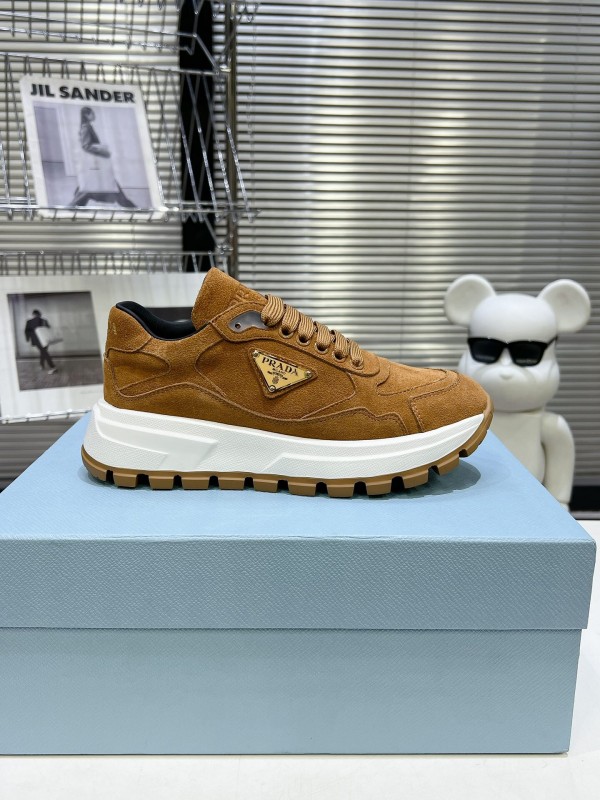 2025 Unisex Prada Brown Suede Leather Sneakers KFY00310