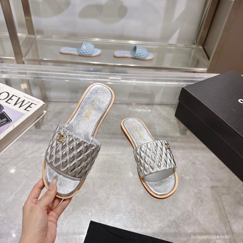 2025 Slippers Chanel Silver Leather Slippers