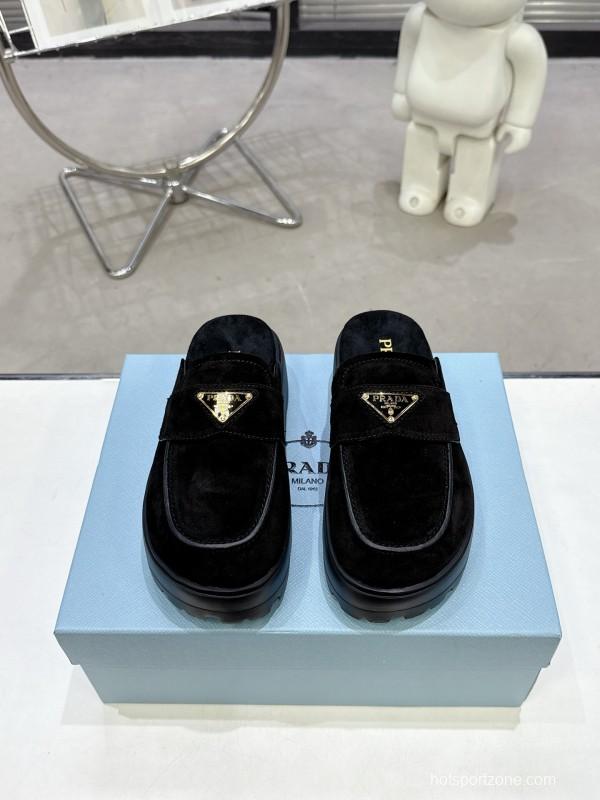 2025 Women Prada Black Velvet Mules
