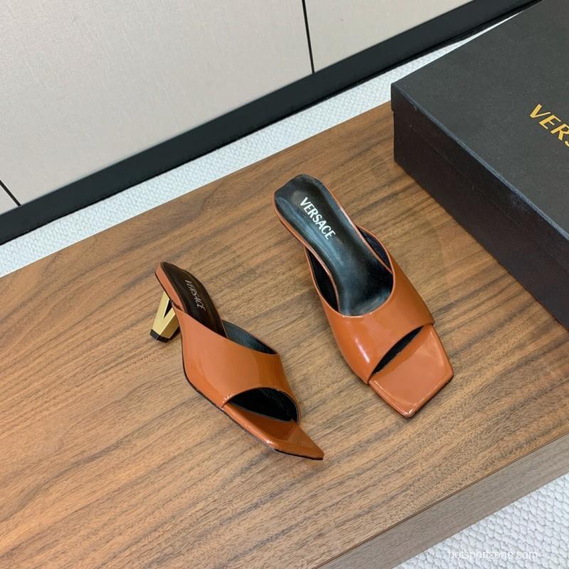 2025 Women VERSACE Brown Patent Leather Slippers