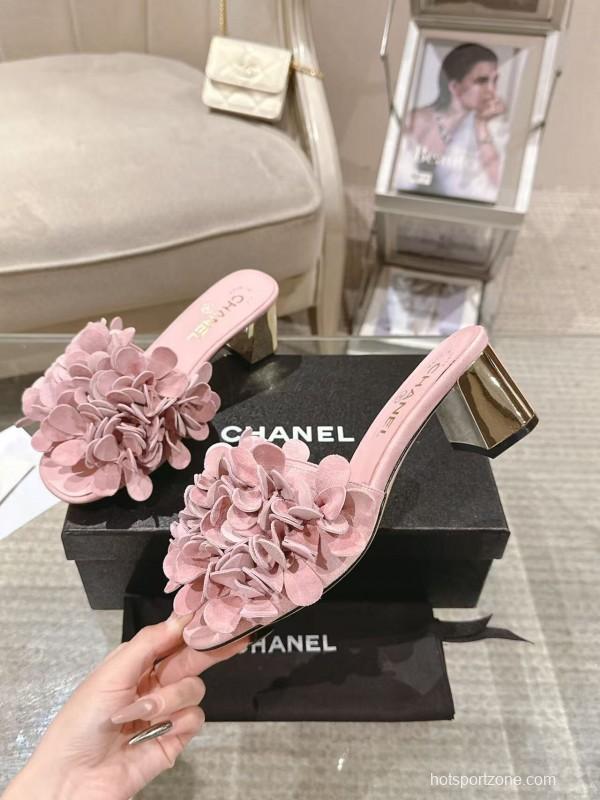 2025 Women Chanel Pink Suede Flower Mule