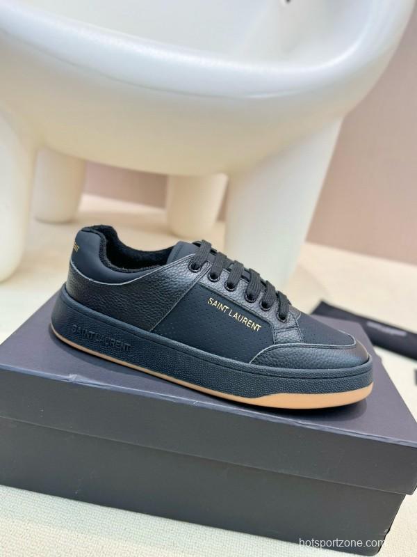 2024 Unisex Yves Saint Laurent Black Silk Leather Casual Shoes Embossed Logo MJ00350