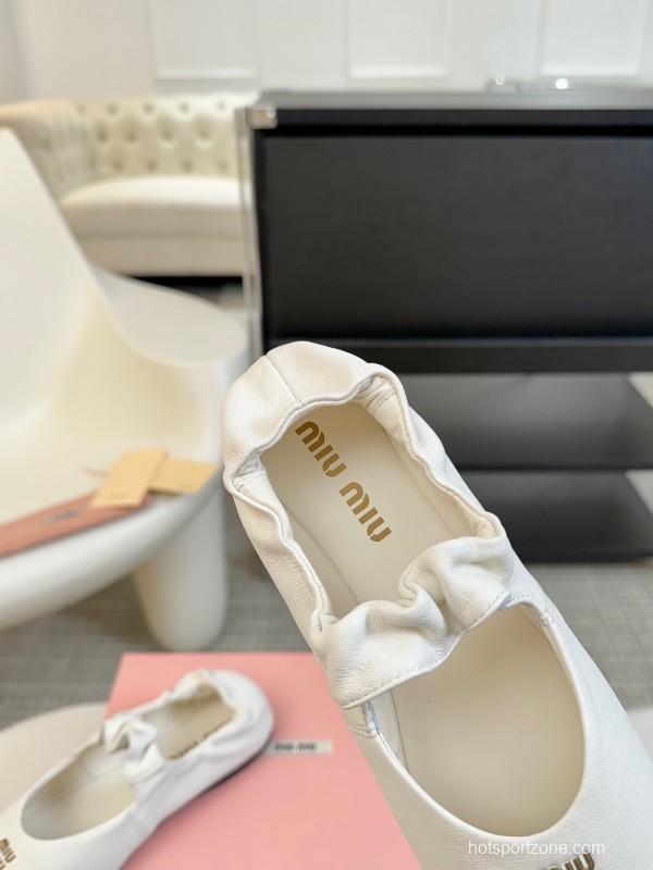 2025 Women Miu Miu White Leather Ballet Flats