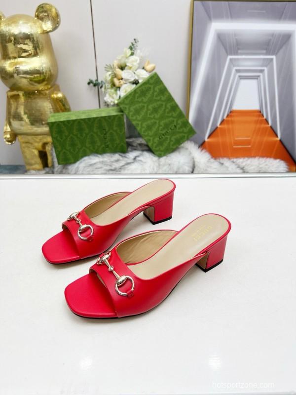 2025 Women Gucci Red Leather Heeled Mules Metal Ornament