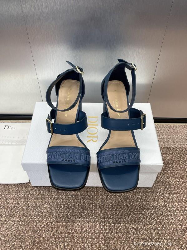 2025 Women Dior Navy Blue Leather Sandals Ankle Strap KFY00310