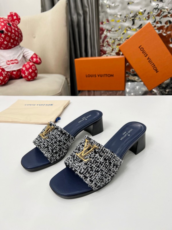 2025 Women Louis Vuitton Navy White Tweed Leather Heeled Sandals LY00220