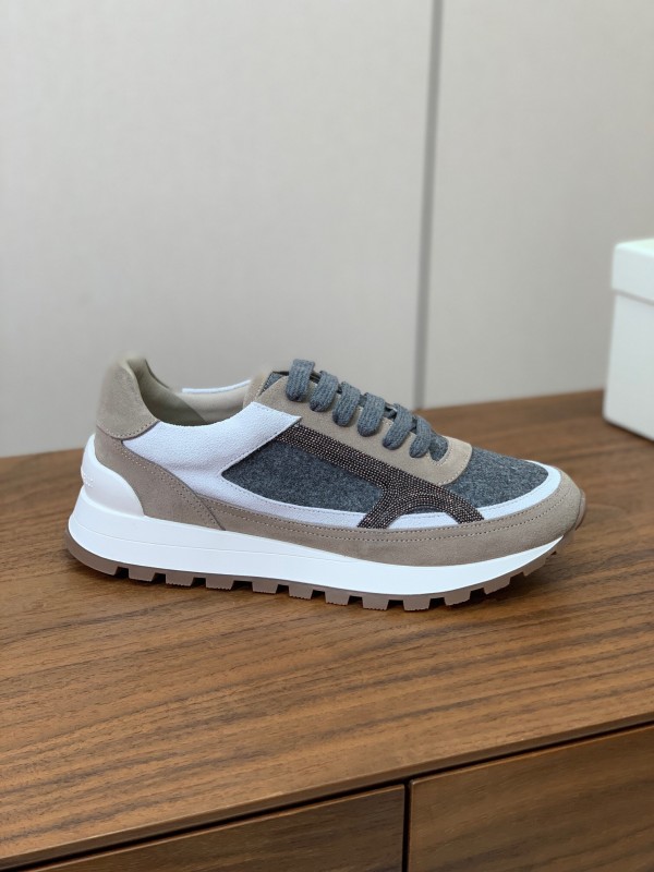 2025 Unisex Brunello Cucinelli Beige Gray White Leather Wool Casual Sneakers LY