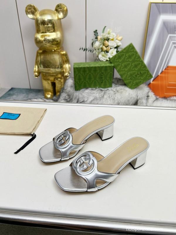 2025 Gucci Silver Leather Slippers MJ00190
