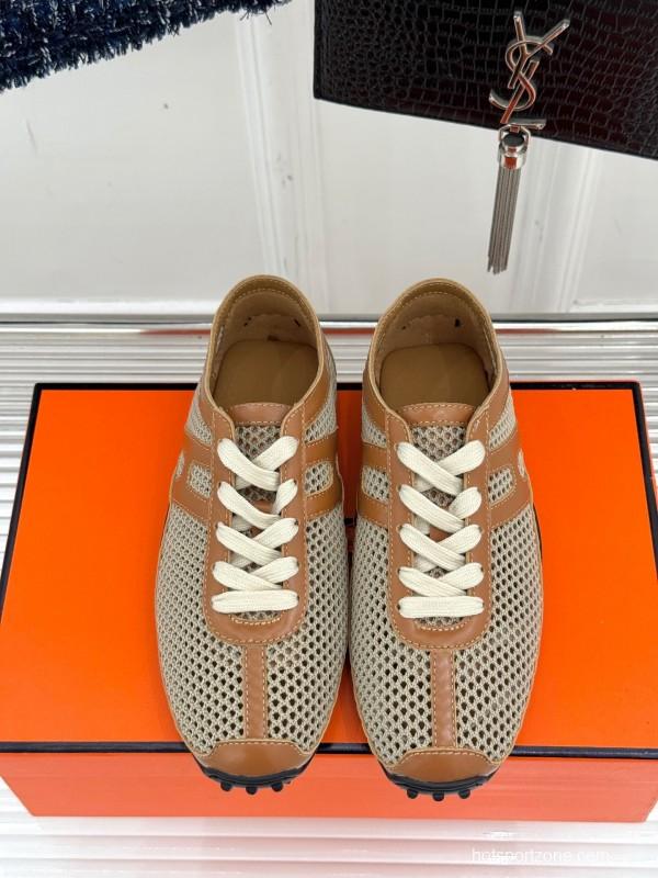 2025 Women Hermès Beige Brown Leather Mesh Casual Shoes