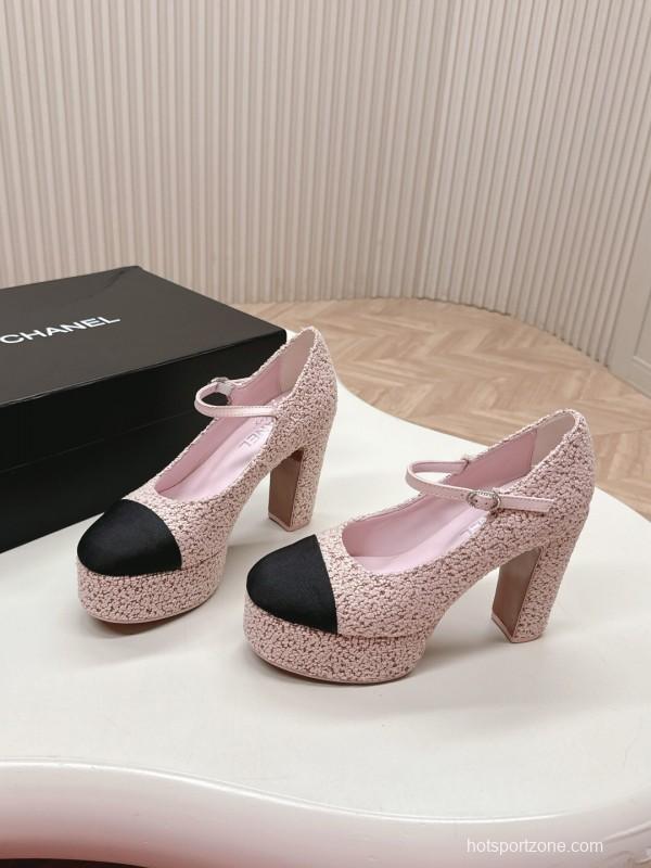 2025 Women Chanel Pink Black Wool Platform Mary Jane KFY00330