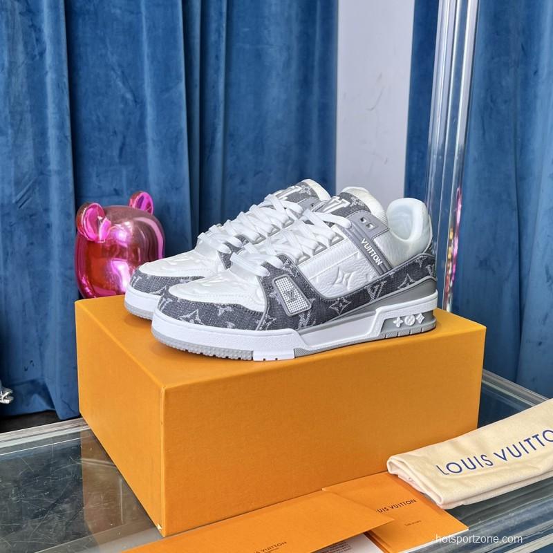 2025 Unisex Louis Vuitton Grey White Canvas Leather Sneakers