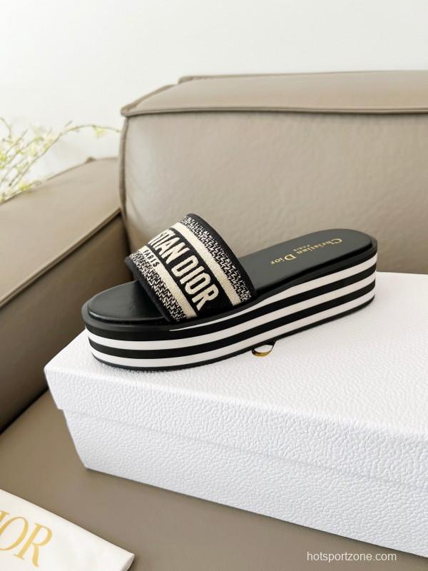2025 Women Dior Black White Canvas Platform Sandals