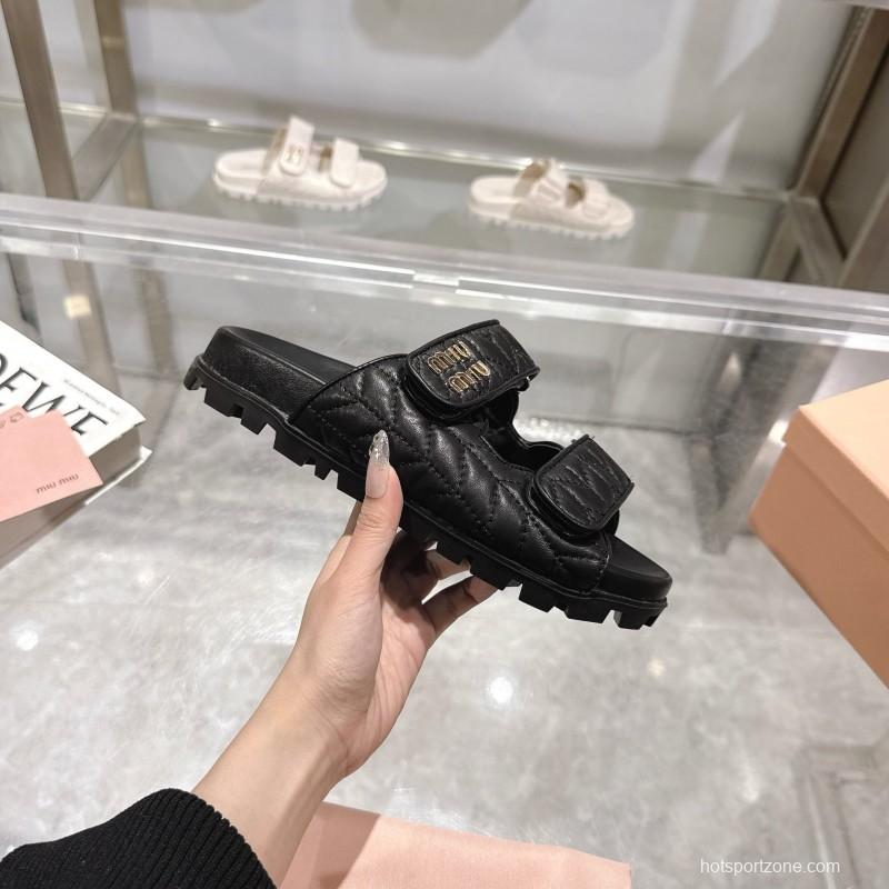 2025 Women Miu Miu Black Leather Slide Sandals