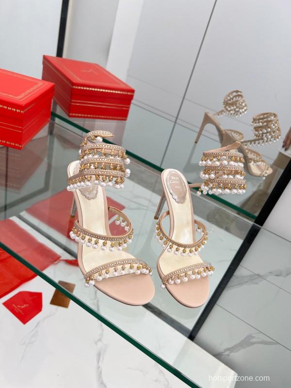 2025 Women RC Champagne Leather Crystal Pearl High Heel Sandal LY00360