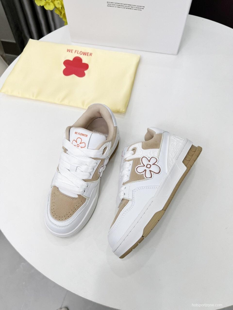 2025 Unisex WEFLOWER White Beige Leather Sneakers LY00280