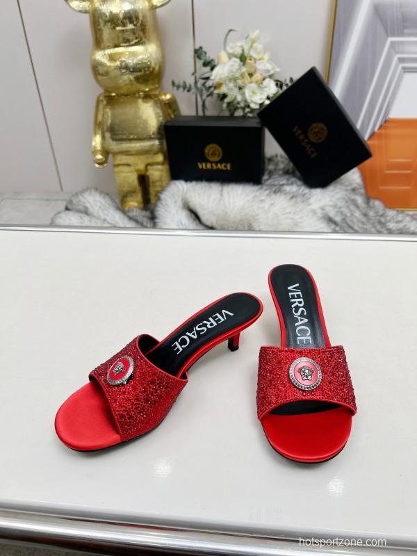 2025 Women VERSACE Red Silk Rhinestone Kitten Heel MJ00230