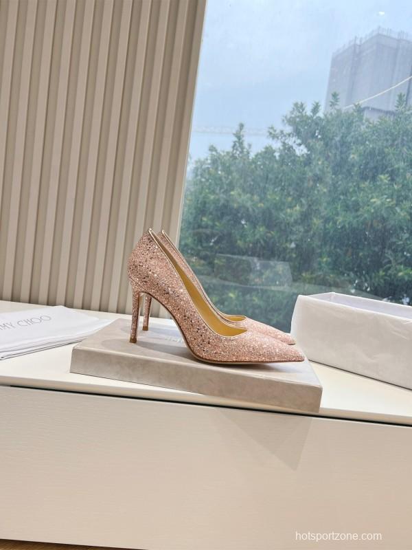 2025 Women Jimmy Choo Pink Glitter Leather Pointed Toe Pumps KFY00280