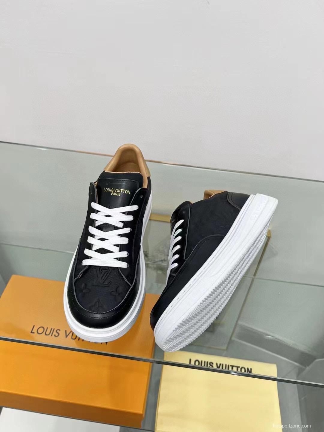 2024 Unisex Louis Vuitton Black Beige Leather Sneakers