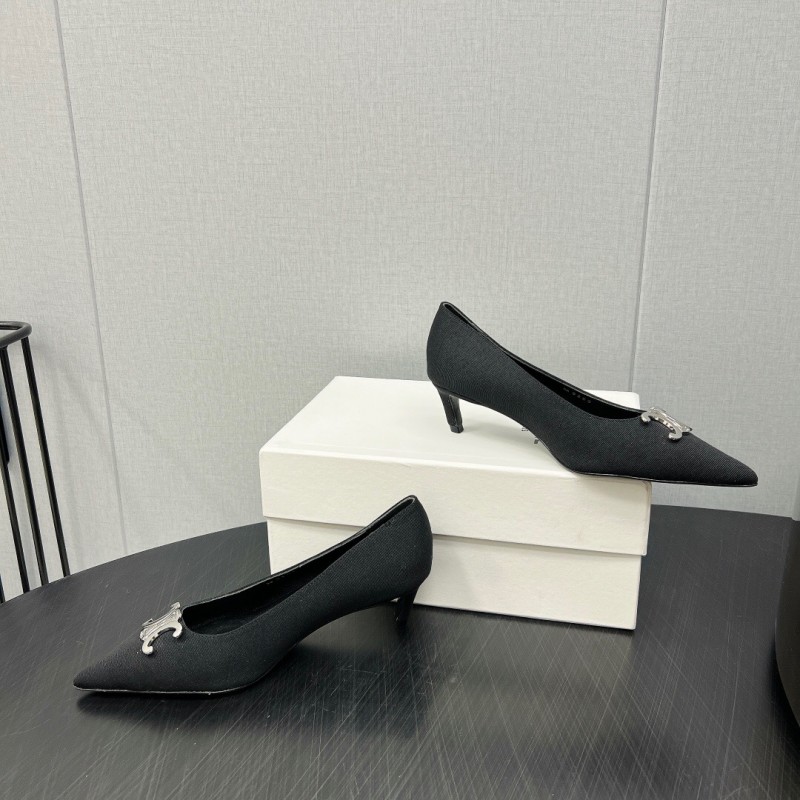 2025 Women Celine Black Fabric Pointed Toe Metal Buckle Pumps
