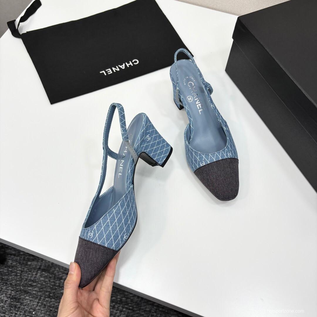 2025 Women Chanel Blue Grey Denim Leather Slingback Shoes